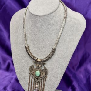 Unikatna statement ogrlica od kože, amazonita, svilenih perli i tibetanskog srebra | energetska zaštita