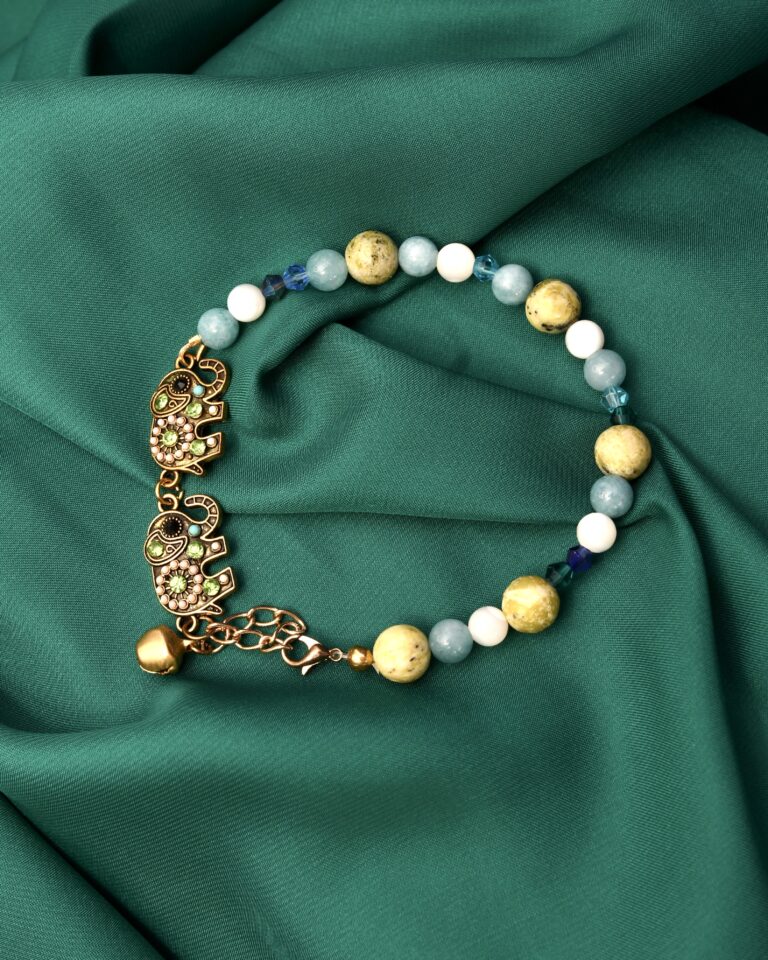 Boho energetska narukvica od afričkog tirkiza, akvamarina, mačjeg oka i austrijskih kristala sa ˇelephant” konektorima | handmade